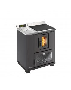 Termocucina a pellet Unical T.it k canalizzabile da 8,8 kW con piano cottura in ghisa e forno in acciaio nero