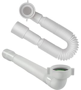 SIFONE FLESSIBILE ED ESTENSIBILE CON ATTACCO A GHIERA CURVO 1”1/2 x Ø40/50 mm