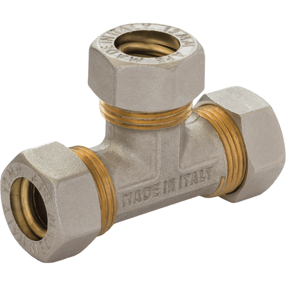 - TEE CON 3 DADI A COMPRESSIONE O-RING PER TUBO RAME APE Ø28 x Ø28 x Ø28 mm