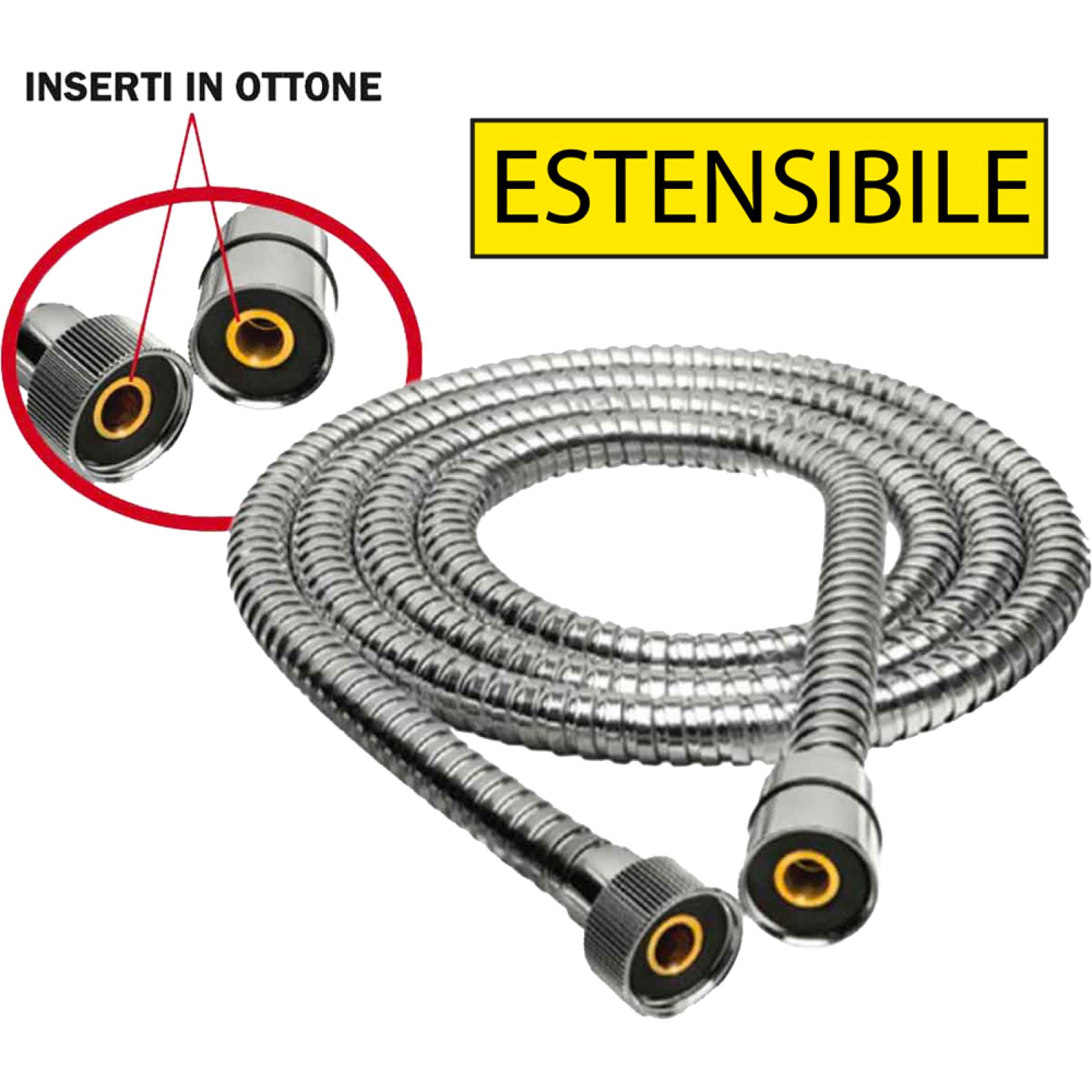 FLESSIBILE DOCCIA CONICO ESTENSIBILE IN ACCIAIO CROMATO 1/2" x 1/2" cm 150-200