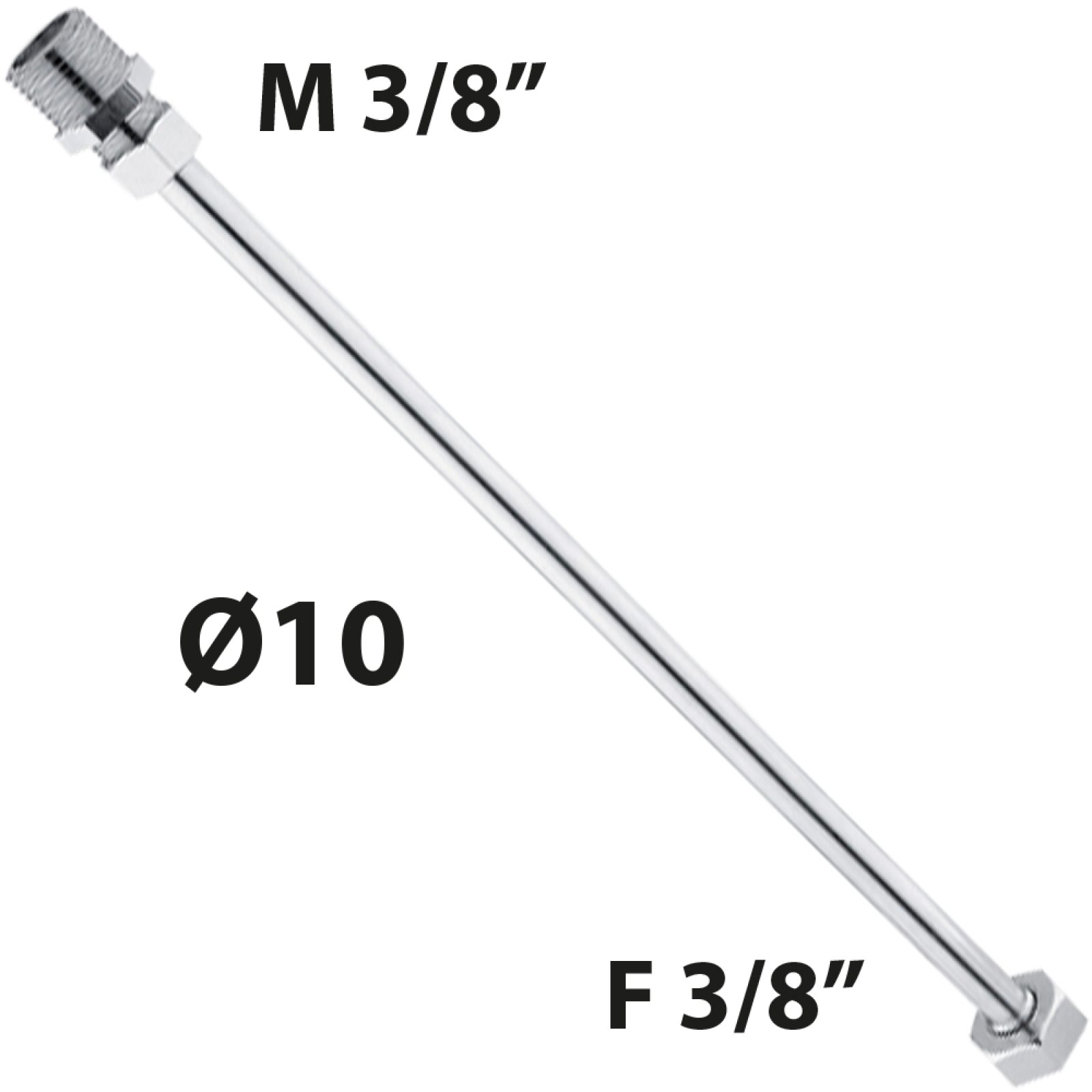 TUBETTO RAME CROMATO Ø10 CON CARTELLA + NIPLES M3/8" + CALOTTA F3/8" cm 100