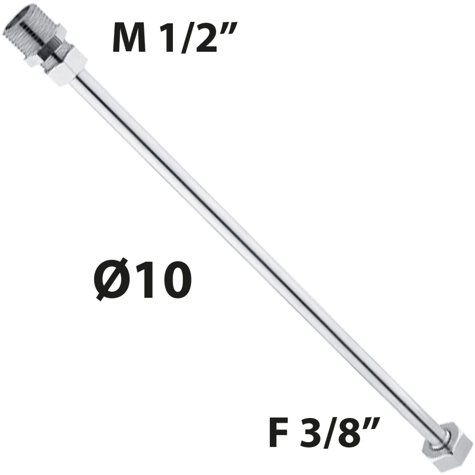 TUBETTO RAME CROMATO Ø10 CON CARTELLA + NIPLES M1/2" + CALOTTA F3/8" cm 100