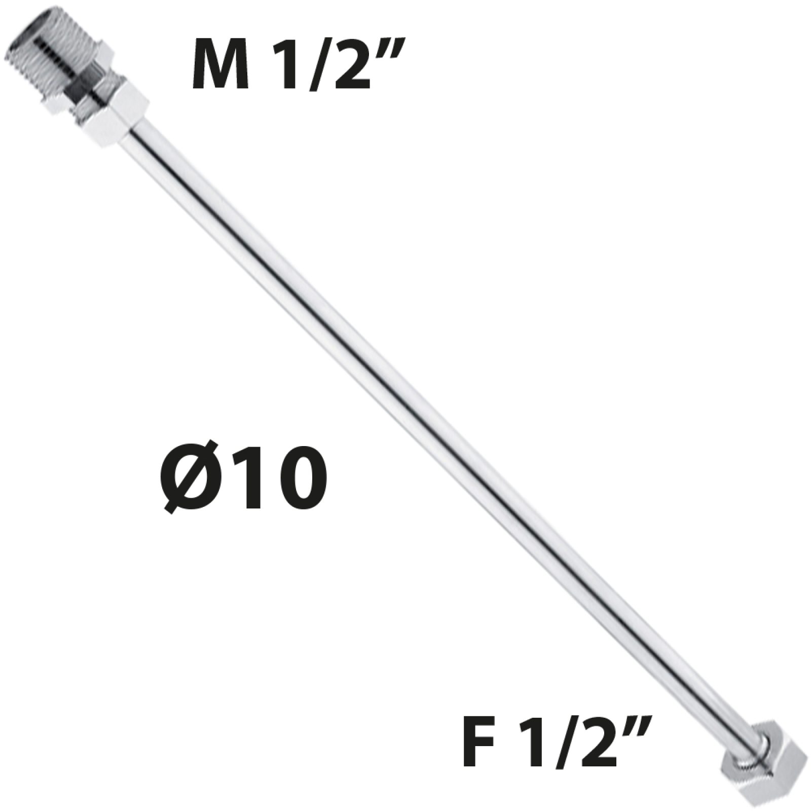 TUBETTO RAME CROMATO Ø10 CON CARTELLA + NIPLES M1/2" + CALOTTA F1/2" cm 100