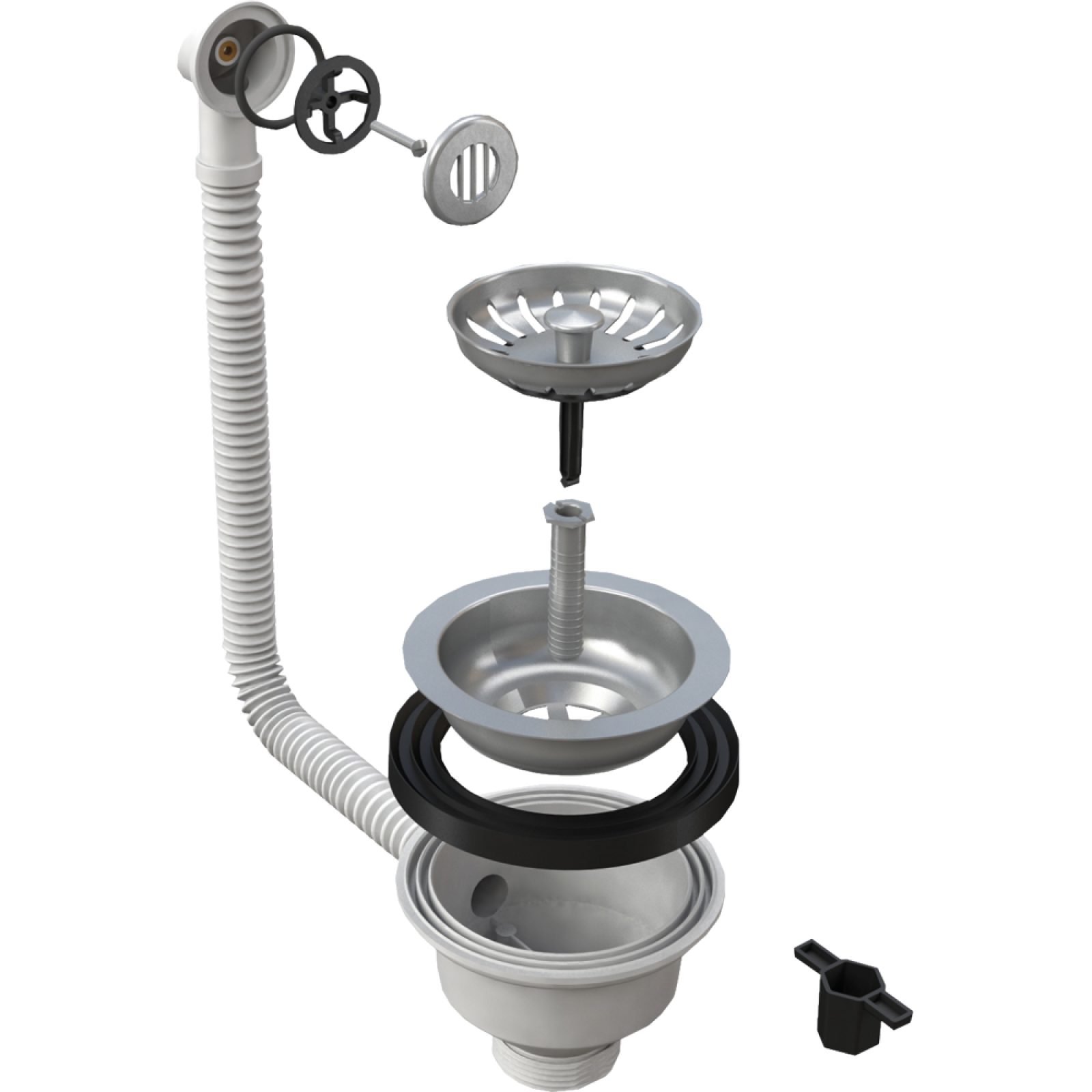 PILETTA "HOOKFLEX" PER LAVELLO INOX CON TROPPO PIENO A GRIGLIA TONDA 1"1/2 x Ø110 mm