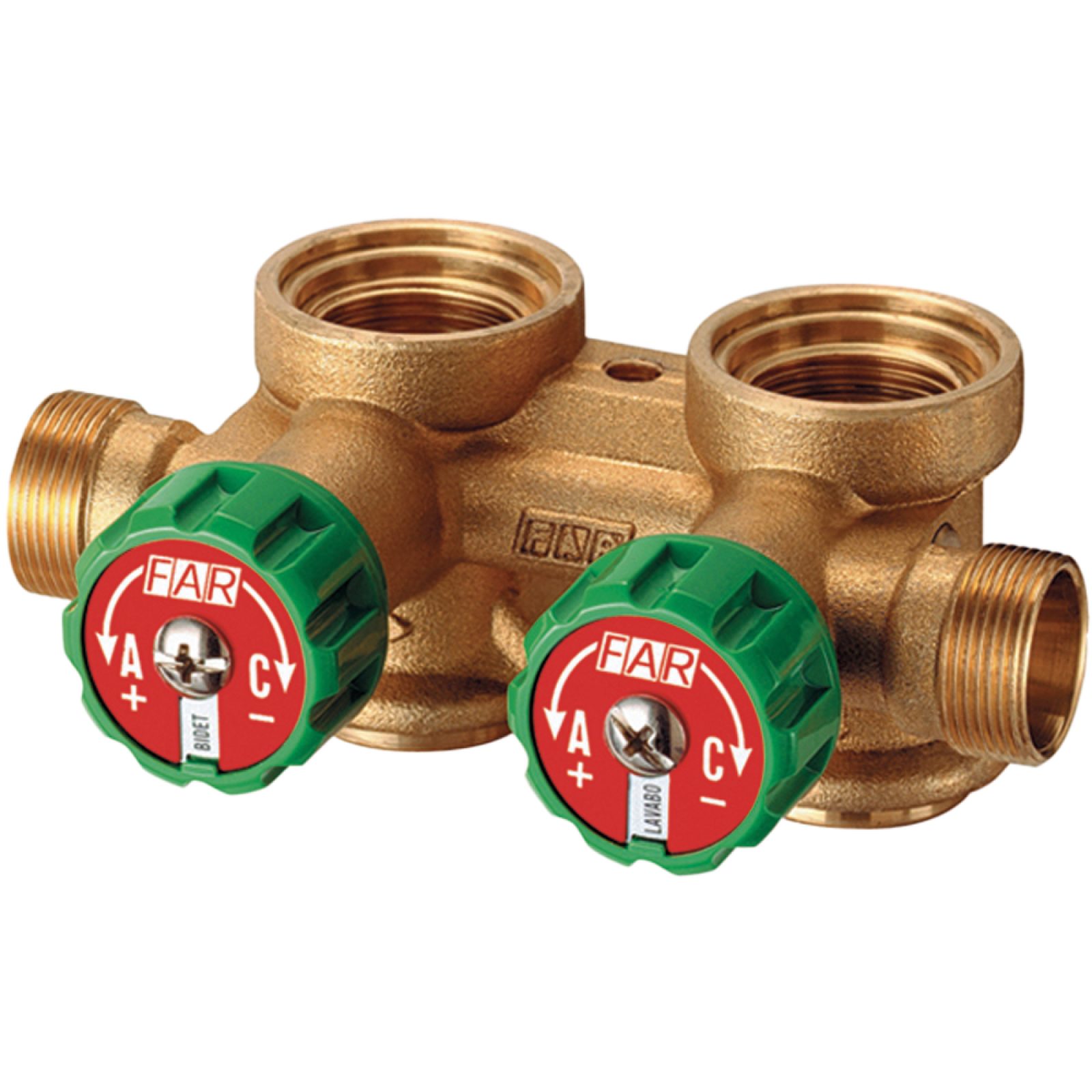 COLLETTORE COMPLANARE SINISTRO GIALLO 3/4" CON VALVOLE DI ARRESTO FAR 2 vie 24x19
