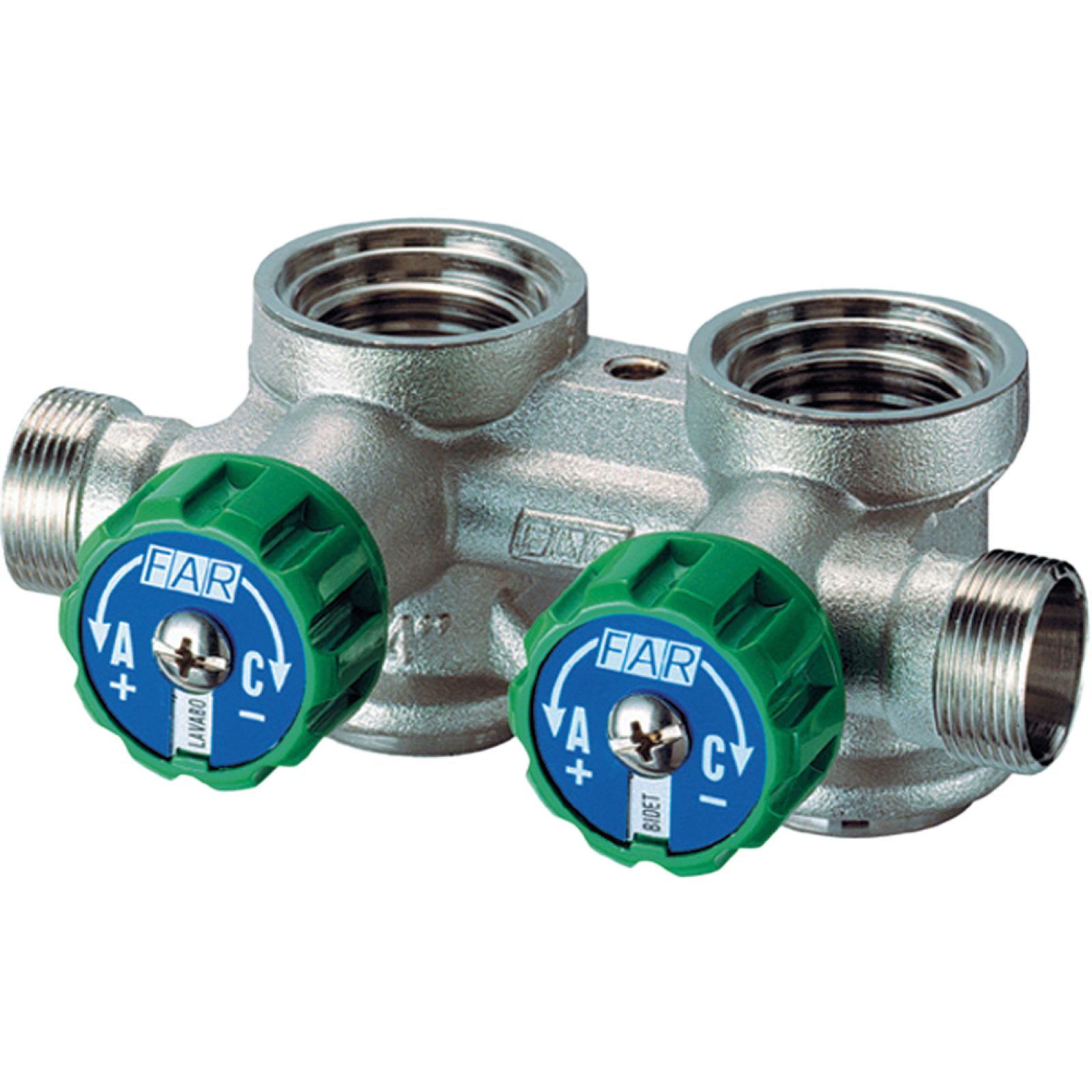 COLLETTORE COMPLANARE DESTRO CROMATO 3/4" CON VALVOLE DI ARRESTO FAR 2 vie 24x19