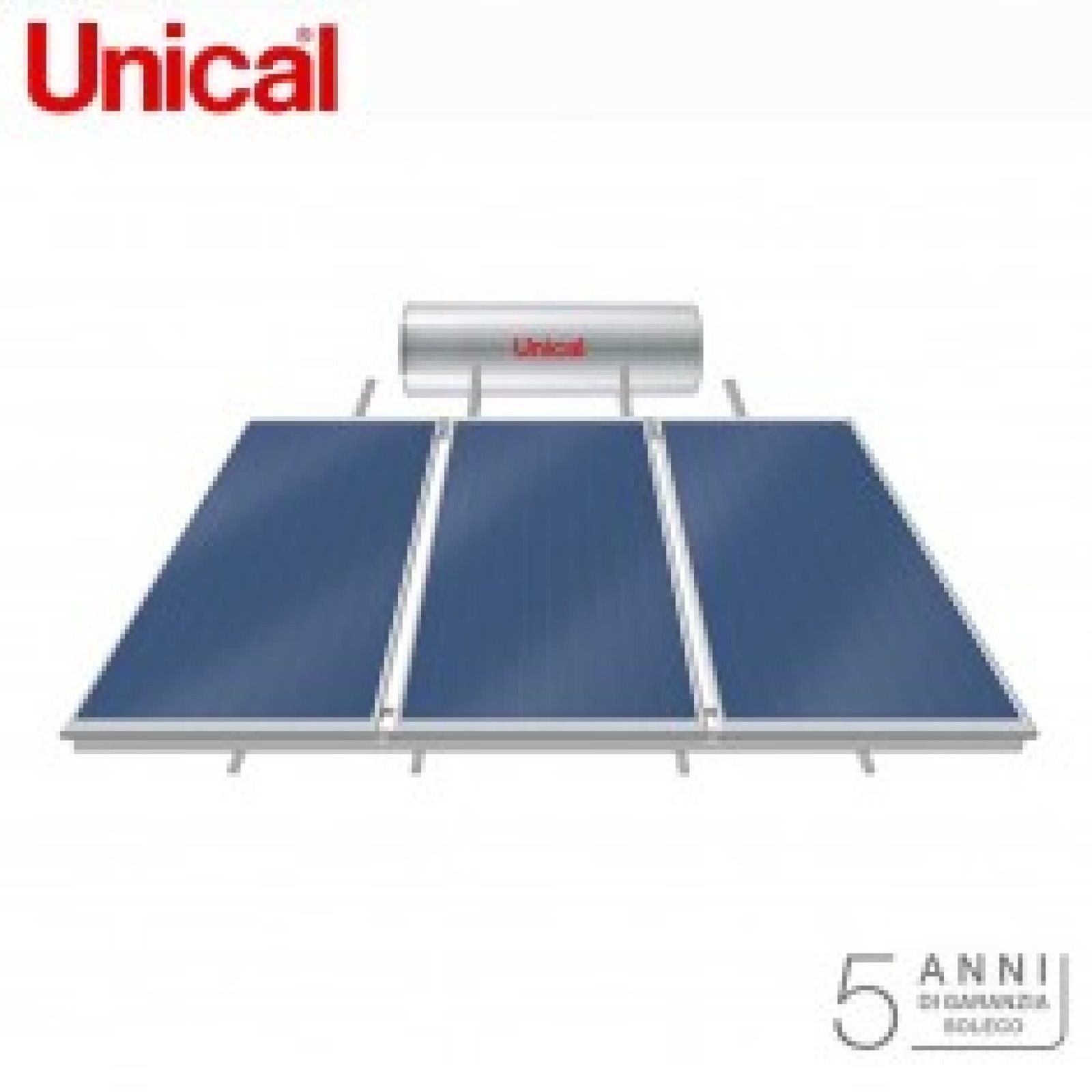 Kit Collettore Solare Unical Trisun 300 a Circolazione Naturale con 3 pannelli da 2.4 mq e bollitore da 300 Lt, completo di telaio per superfici inclinate